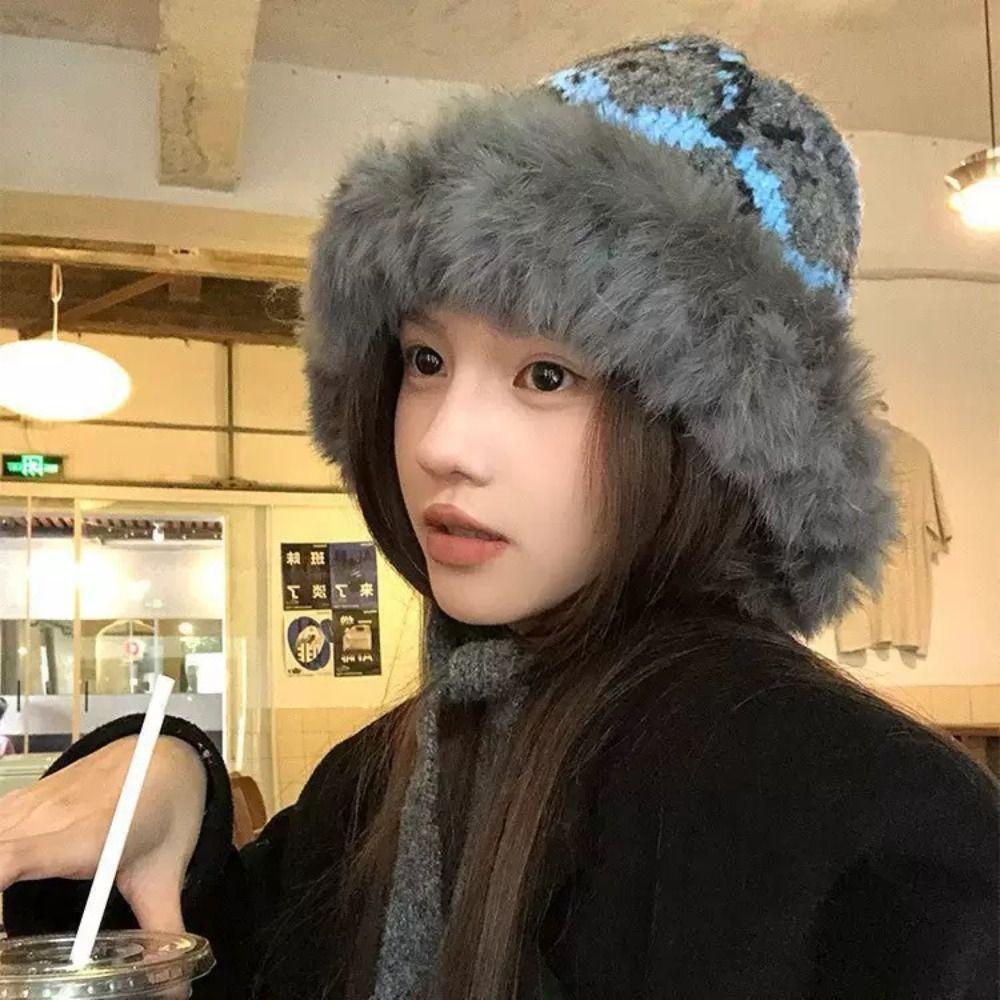 Windproof Faux Fur Lei Feng Hat Ethnic Style Pullover Beanie Hat Knitted Plush Hat Autumn Winter