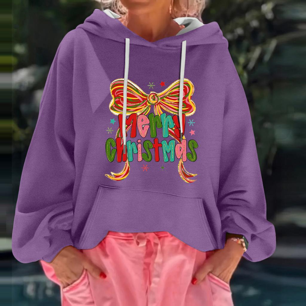 Women's Christmas Print Loose Casual Long Sleeve Hooded Sweatshirt