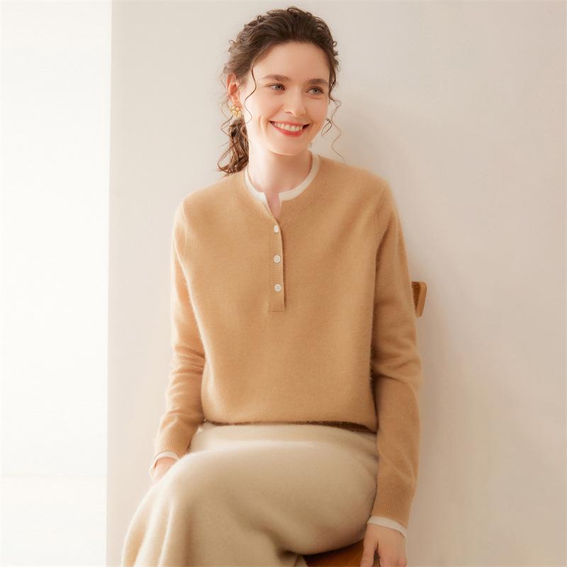Lekasha Women's Cashmere Color Block Two-in-One Round Neck Long Sleeve Sweater