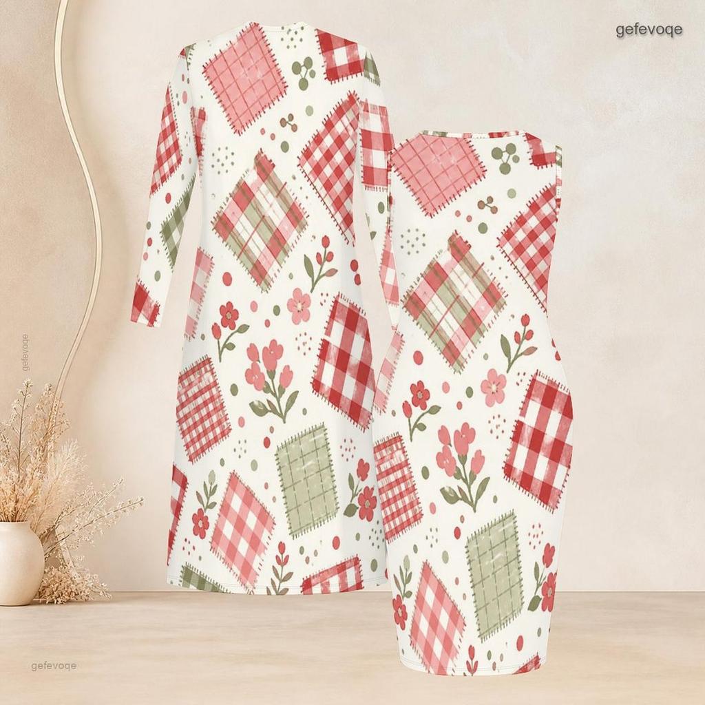 Women Plus Size Geometric Printed Two Piece Set Long Sleeve Open Front Cardigan Sleeveless Bodycon Dress