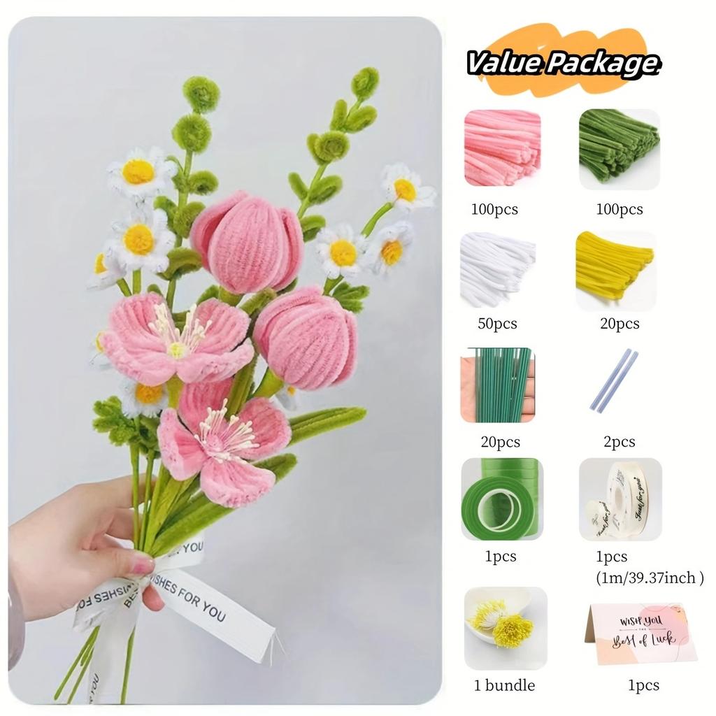 Tulip,Daisy Bouquet Handmade DIY Material Package, DIY Craft Supplies Chenille Stem Thanksgiving Day DIY Flower Material details