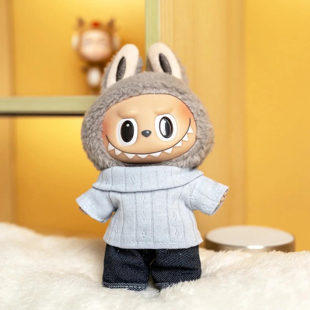 17cm Cute Mini Plush Doll's Clothes Outfit Accessories For Labubu Idol Dolls Lapel T-shirt And Jeans Two-piece Set DIY Girl Gift
