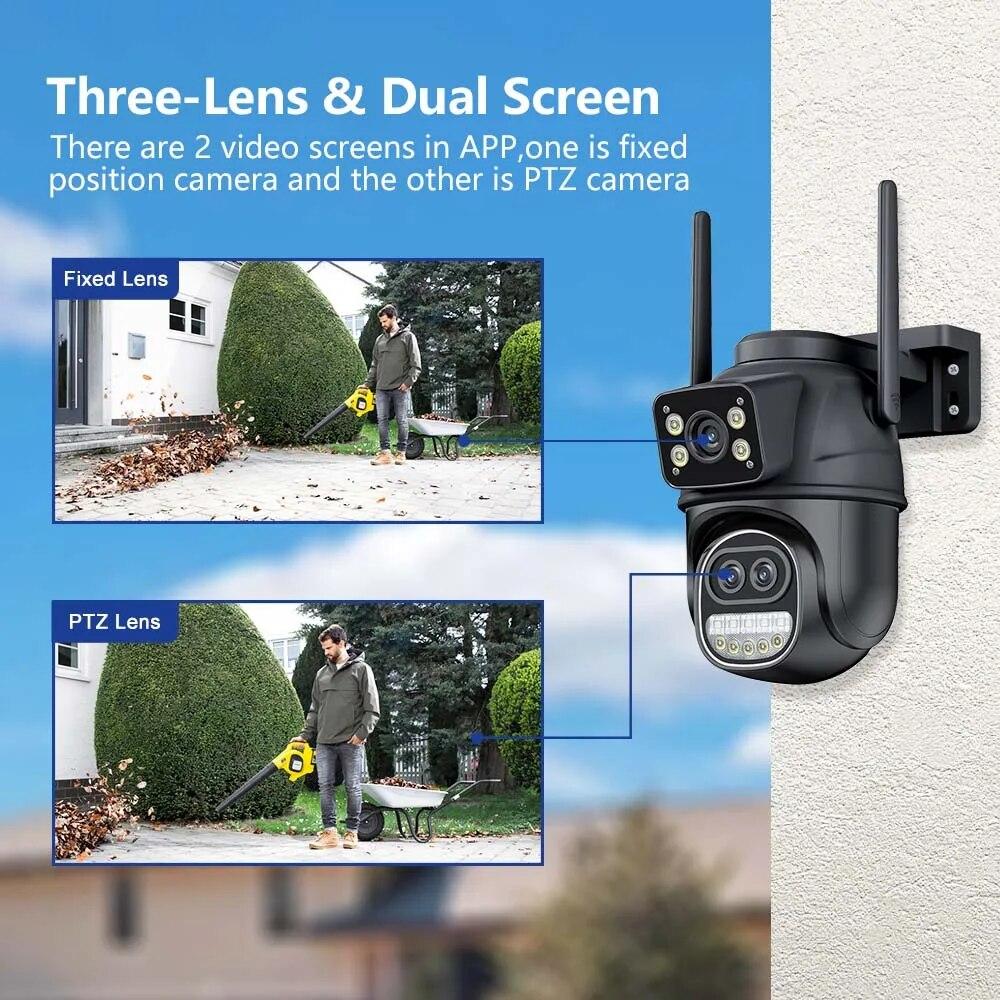 Nuova telecamera WiFi EU 12MP 6K per esterni Tre obiettivi Doppi schermi Zoom 8X CCTV Mini Video Cam Tracciamento automatico Protezione di sicurezza Sorveglianza App iCSee