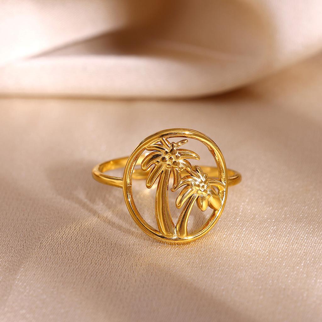 Summer Beach Style Gold Color Open Rings Stainless Steel Starfish Seashell Palm Tree Anillos Waterproof Ring Jewelry For Women