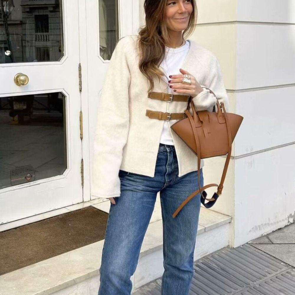 

V-neck Jacket Women Leather Buckle Woolen Coat Fashion Single Breasted Sweater Holiday