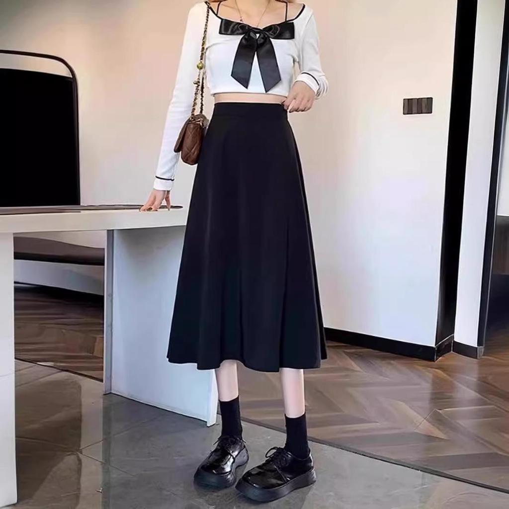 Women's 2025 High-Waisted Black A-Line Midi Skirt - Slimming, Hip-Hugging, Large Swing Umbrella Style for Summer