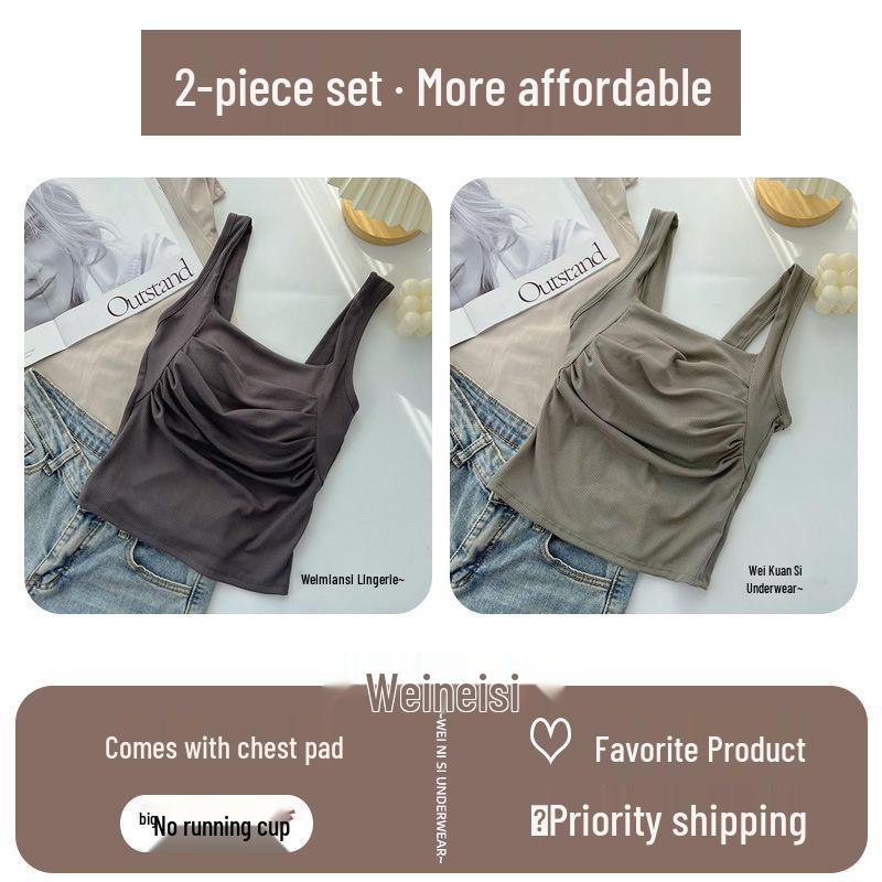 Korean Ruffled Spaghetti Strap Women's Tank with Chest Pads - Sexy Backless Slimming Base Layer