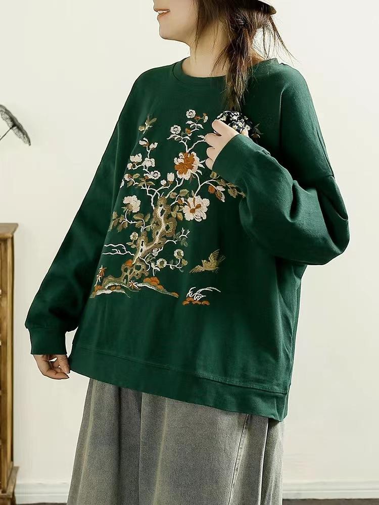 

Johnature Женская осенняя мода в китайском стиле с круглым вырезом, однотонная вышитая футболка с длинными рукавами, винтажная свободная One Size зелёный