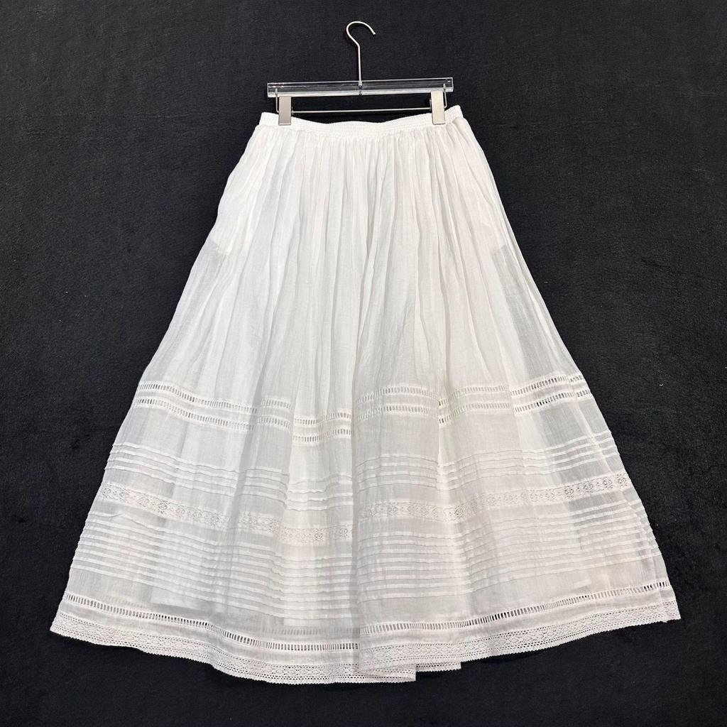 Nanyou Women's White Ramie Embroidered Midi Skirt, High-Waist Elastic, Wide Hem, Spring 2026 Collection