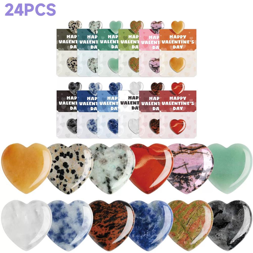 24pcs 2CM Heart-shaped Stone+Valentine's Day Cards, Valentine Exchange Party DIY Cards For School Classroom Gatherings
