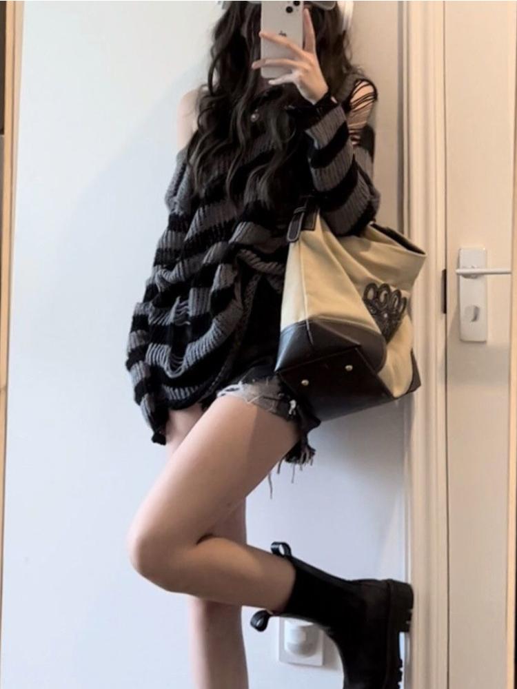Gothic Streetwear Striped Knitted Sweater Women Harajuku Punk Hollow Out Jumper Hole Loose All-match Tops Grunge E-girl