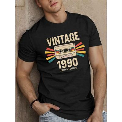 T-shirt da uomo taglia europea, Top casual a maniche corte con girocollo, Tessuto a maglia con leggera elasticità, Fantasia geometrica a cassetta, Abbigliamento estivo - Nero