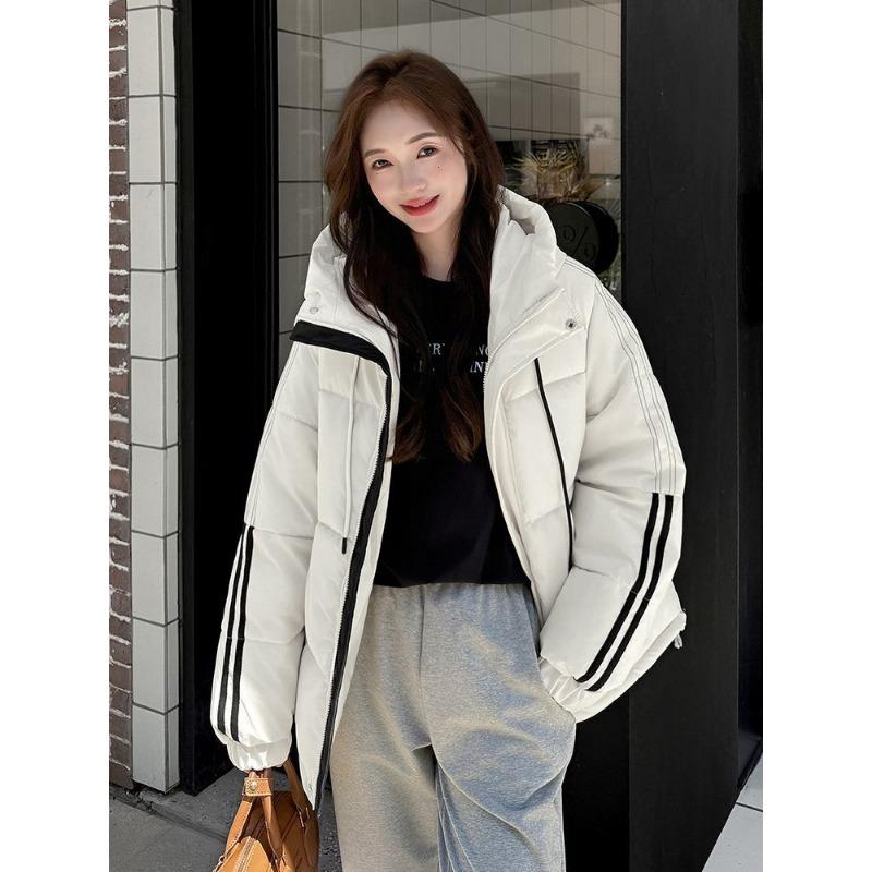 Women Winter Loose Striped Down Cotton Coat Small Size Thickened Padded Jacket Keep Warm Outfit