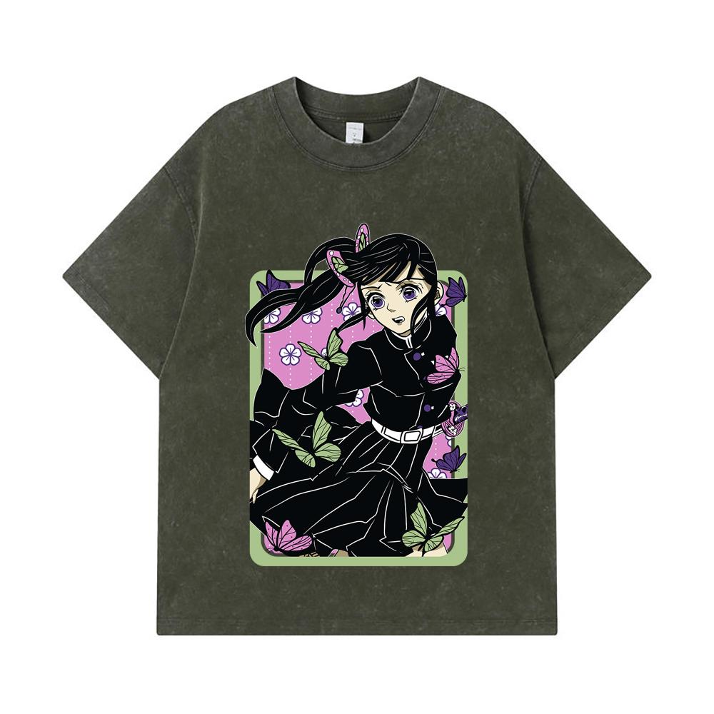 275 GSM Washed T-shirts 100% Cotton Demon Slayer V77 Kanao Print Unisex Heavy Cotton T Shirt