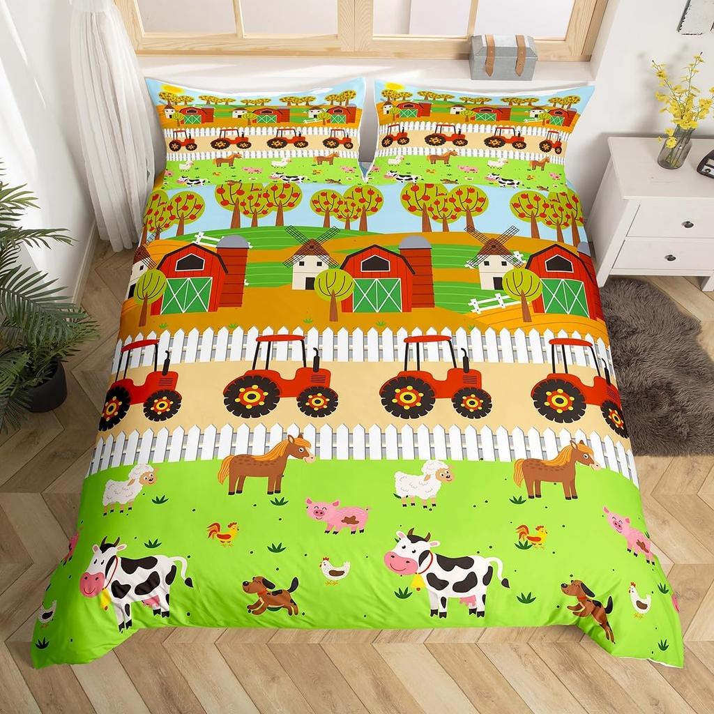 Comforter Cute Cartoon Farm Animal Truck Tractor Bedding Set Farmhouse Country Cozy Comforter For Boys Teen Room Decor
