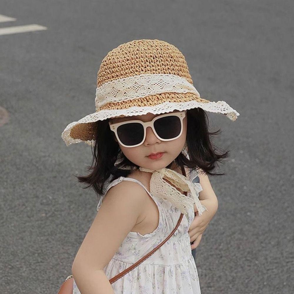Foldable Design Straw Sun Hat Lace Up Detail Kids Sun Hat Fashion UV Protection Hat Beach Use