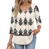 Womens 3/4 Sleeve V Neck Button Detail Geometric Floral Print Tunic Top Casual Lightweight Blouse