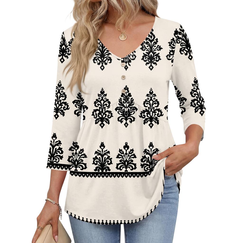 Womens 3/4 Sleeve V Neck Button Detail Geometric Floral Print Tunic Top Casual Lightweight Blouse