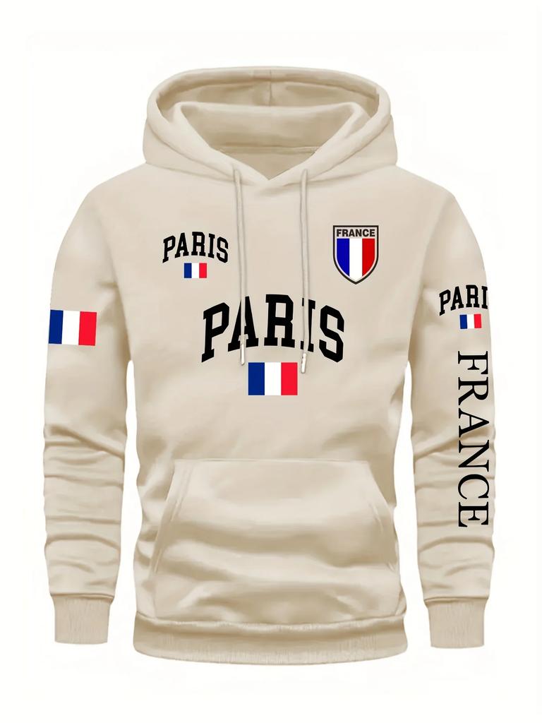 Paris Flag Letter Printed Men Women Hooded Sweatshirt Autumn Winter Daily Outdoor Vacation Fitness Casual Loose Warm Sportswear
