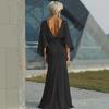 Dames Geplooide Bootnek Bruiloftsgast Jurk, Backless Vleermuis 3/4 Mouw Bodycon Lange Jurk, Formele Feest Cocktail Prom Jurk