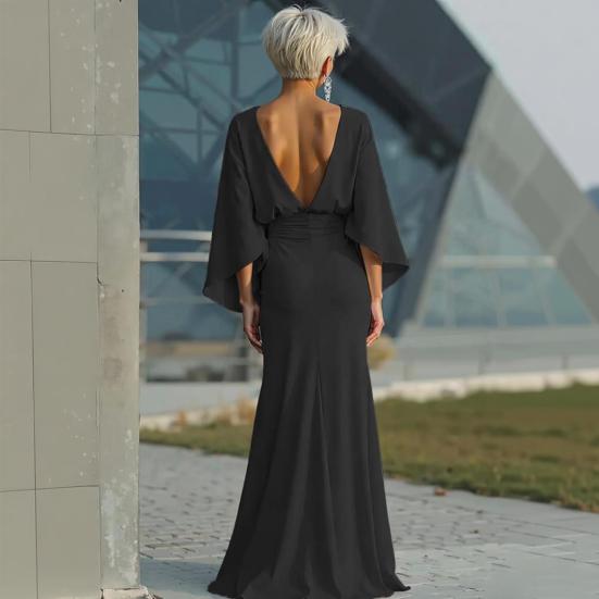 Dames Geplooide Bootnek Bruiloftsgast Jurk, Backless Vleermuis 3/4 Mouw Bodycon Lange Jurk, Formele Feest Cocktail Prom Jurk