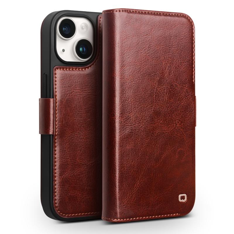 QIALINO Genuine Cow Leather+TPU Phone Case for iPhone 15 Plus Magnetic Closure Shockproof Phone Cover