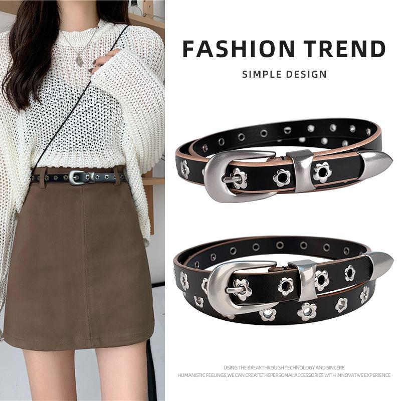 Writing A Notebook Women's Black Rivet European And American Genuine Leather Belt Head Layer Cowhide With Short Skirt And Shorts Niche Design High-End Leather Belt 105Cm