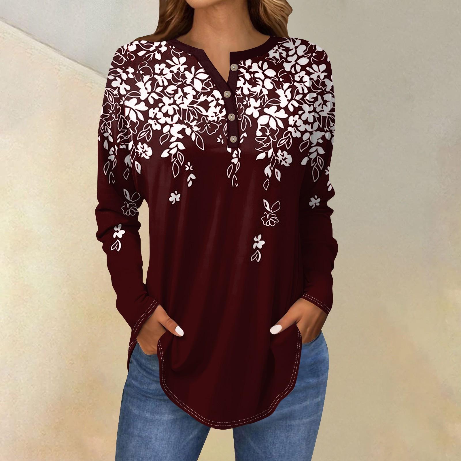 

Футболки для женщин, осенние повседневные рубашки с длинным рукавом на пуговицах, толстовки с винтажным графическим принтом, топ-пуловер XL винный