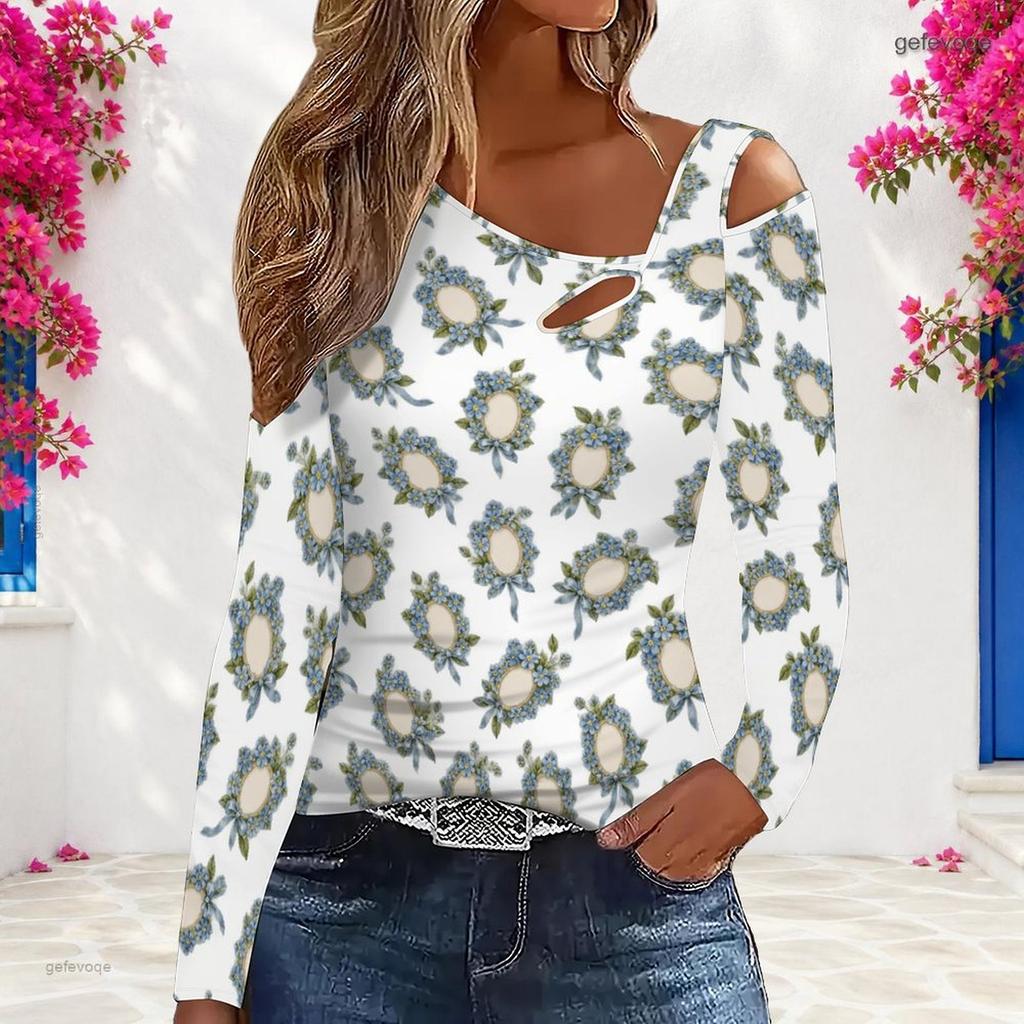 Women Plus Size White Floral Printed Asymmetric Cutout Cold Shoulder Long Sleeve Fitted Blouse