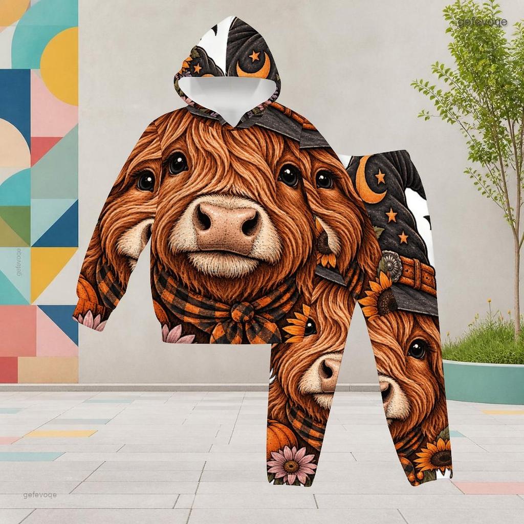 Girls Halloween Cartoon Printed Hooded 2 Piece Outfits Long Sleeve Kangaroo Pocket Top Cuffed Pants