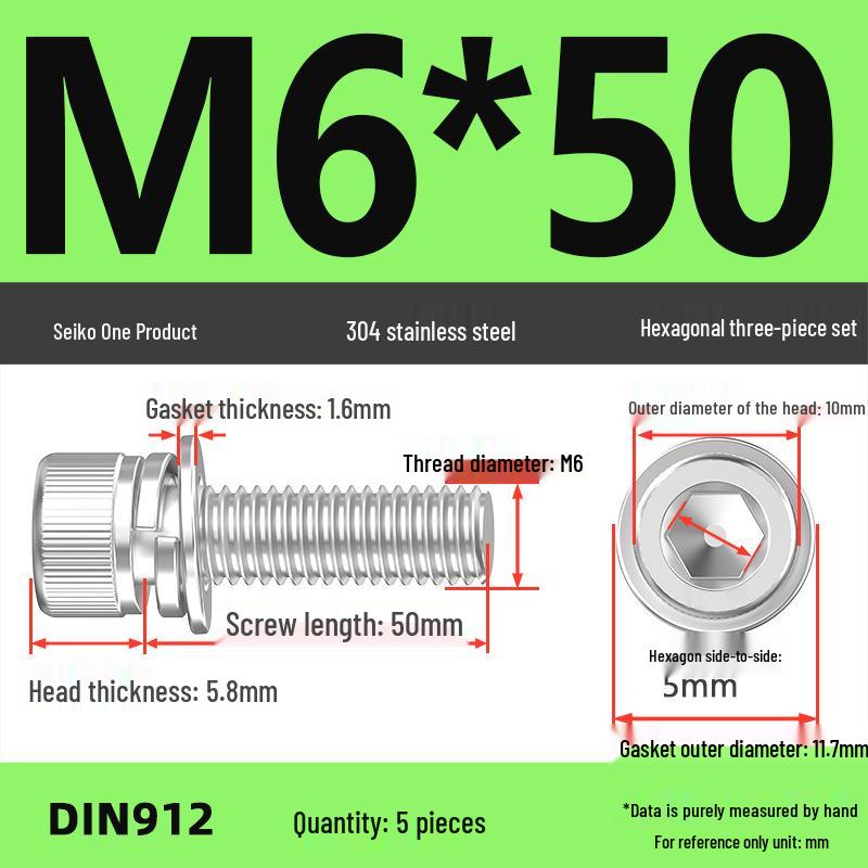304 Stainless Steel Hex Socket Cap Screw with Washer - Sizes M3, M4, M5, M6, M8, M12
