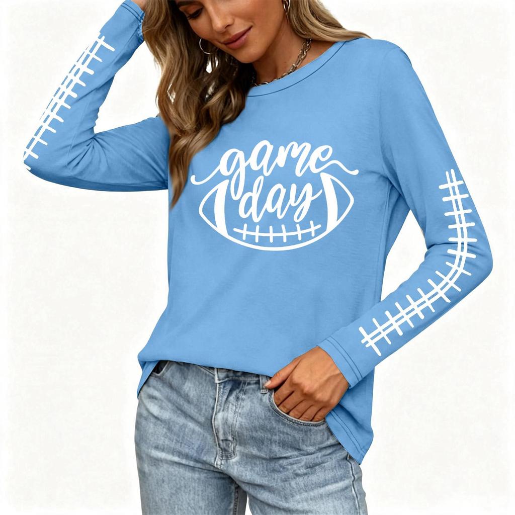 Women's Casual Long Sleeve Neck Top with Rugby Print and Side Slit for Everyday Wear