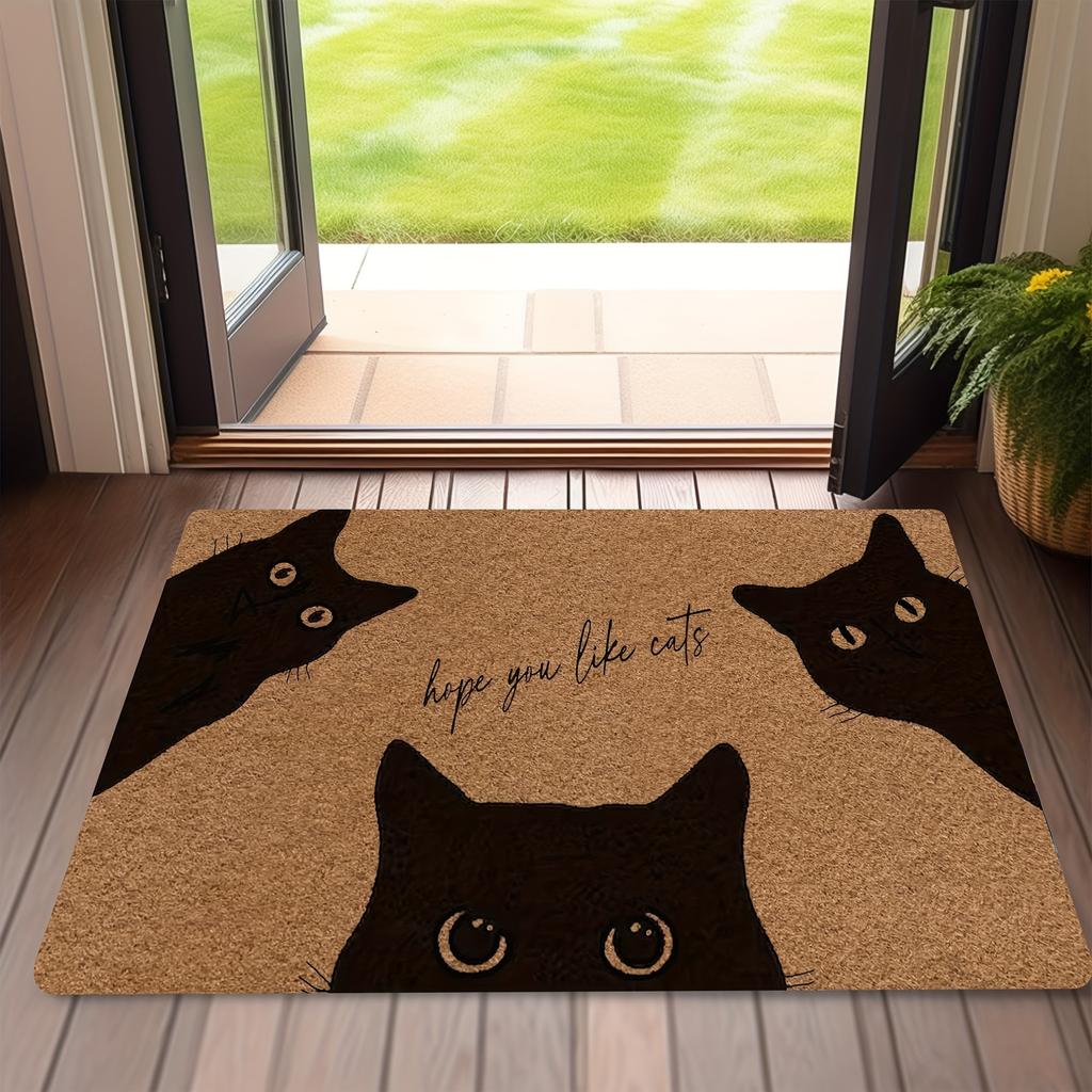 Polyester Black Cat Welcome Doormat - Machine Washable, Printed "Hope You Like Cats", Suitable for Front Door, Indoor/Outdoor