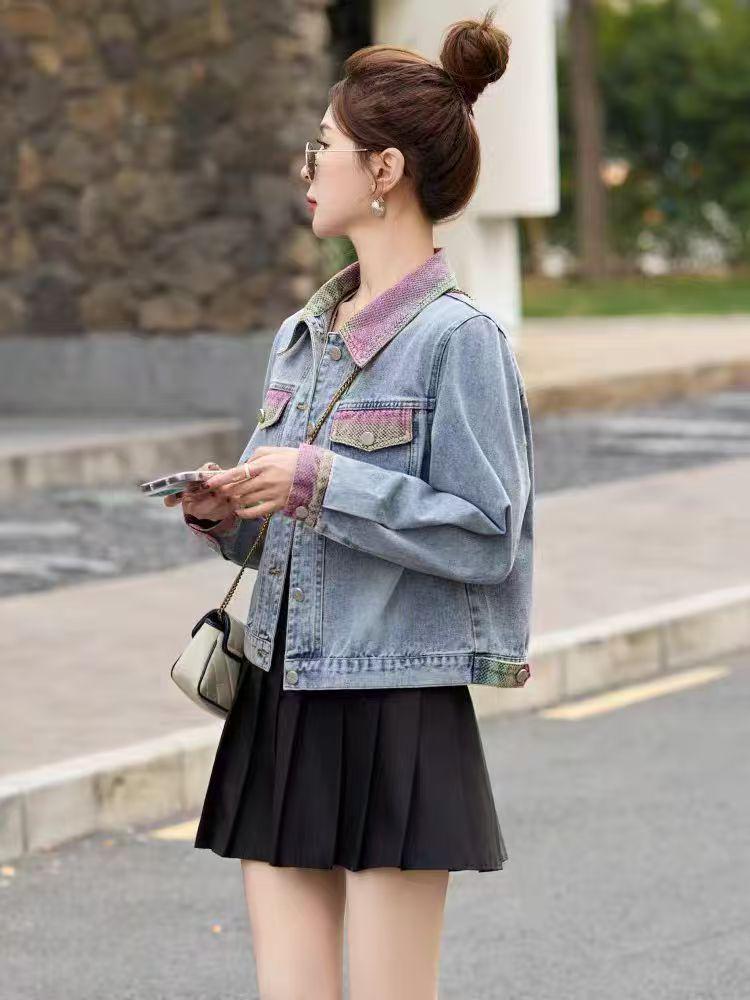 Women's Retro Patchwork Denim Jacket - Color Block Petite, Versatile & Casual for Spring/Autumn 2025