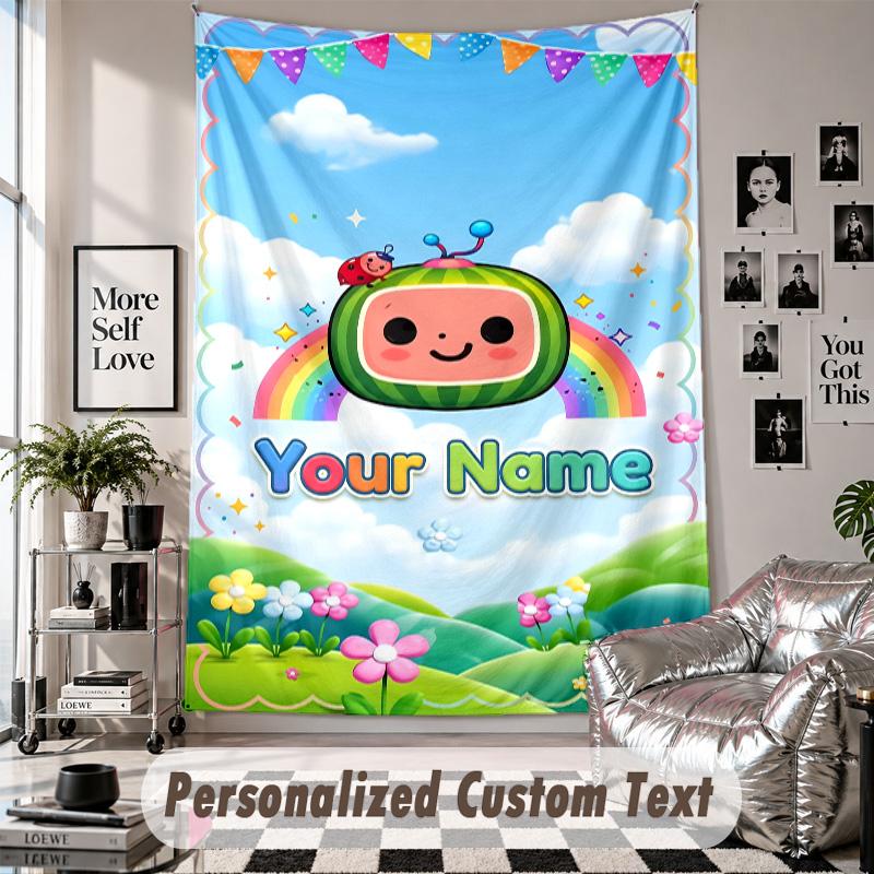 Wall Hanging Tapestry With Custom Name & Text, Cocomelon Decorative Tapestry For Bedroom