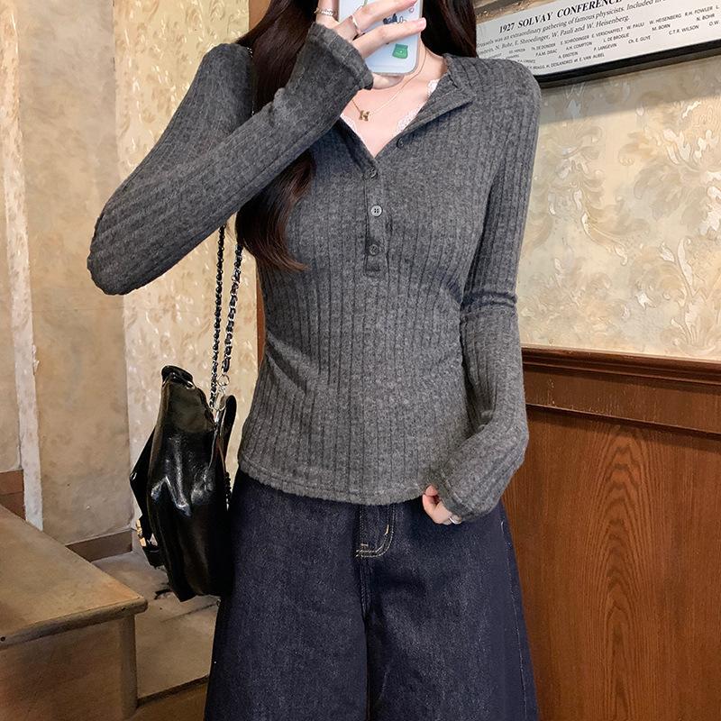 

Полиэфирное волокно 95% эластан 5% осенне-зимняя тонкая базовая рубашка с дизайнерским чувством, облегающего кроя, однотонный топ с круглым вырезом, женский L темно-серого