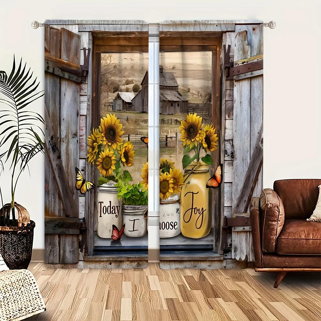 

2 шт. Занавеска с принтом подсолнуха - Кулиска для штанги, оконное оформление для домашнего декора, спальни, офиса, кухни, гостиной, кабинета - Эстетич W50 X H130(CM)X2&Grommet Top