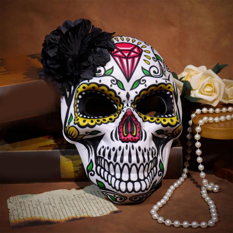 Day of The Deads Mask Sugar Skull Mask with Rose Decorations Masquerades Mask for Halloween Cosplay Party Costume Gifts