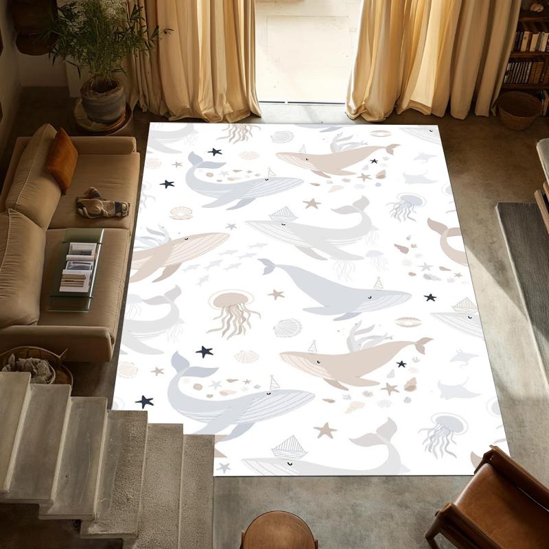 Coastal Seashell Starfish Area Rug Nautical Beach Themed Floor Carpet Non-Slip Washable Decorative Rug for Living Room Blue