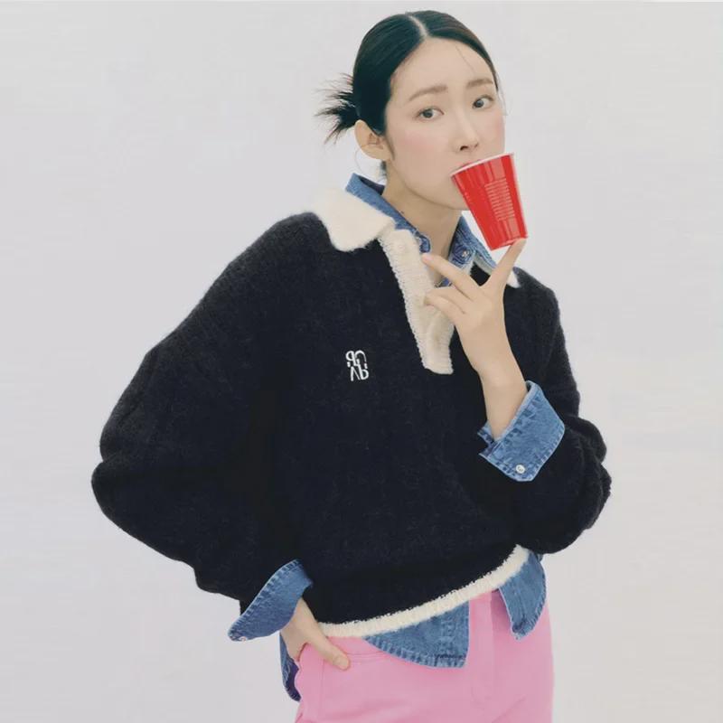 Women's Lazy Korean Mohair Button-Down Lapel Sweater: Autumn/Winter Embroidered Long-Sleeve Knit Pullover