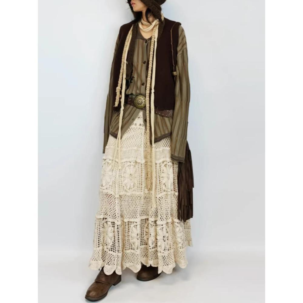 DIMANAF 2026 Neuer Rock Damen Strick Spitze Lang Spitze Durchbrochen Sexy Durchbrochen Sommer Stil Locker Basic