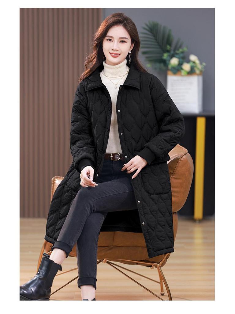 Women's Retro Argyle Cotton Mid-Length Winter Coat - Loose Casual Lapel Jacket