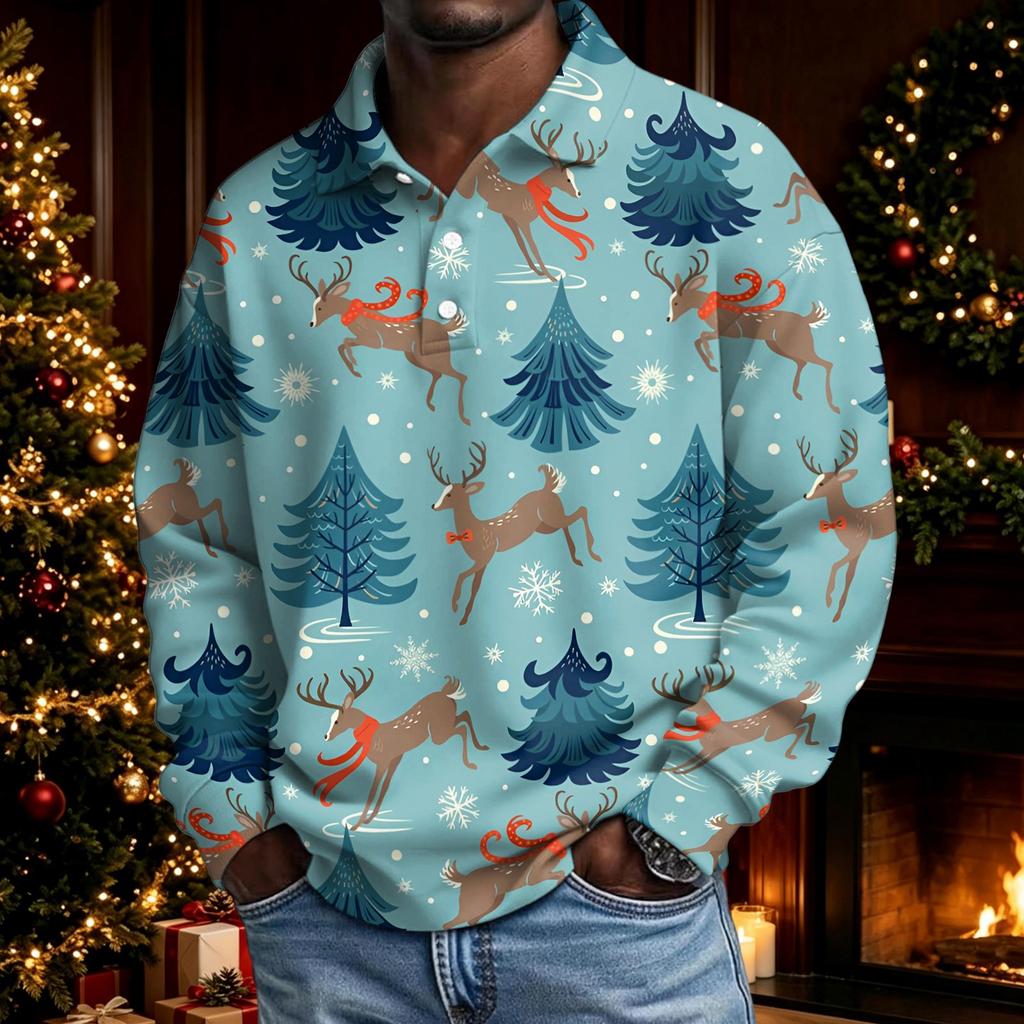 Men's Christmas Long Sleeve Button Up Shirt Casual Holiday Top