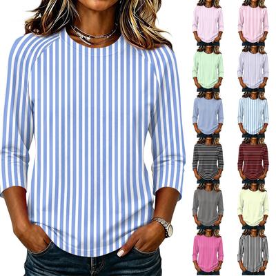 Women's Fashion Casual Comfortable Raglan Sleeve Round Neck Three-Quarter Sleeve Striped Print Pullover T-Shirt Top