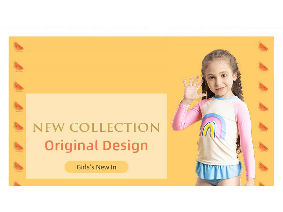 Set costum de baie cu mâneci lungi pentru fete cu curcubeu - Protecție solară, Vară 2025