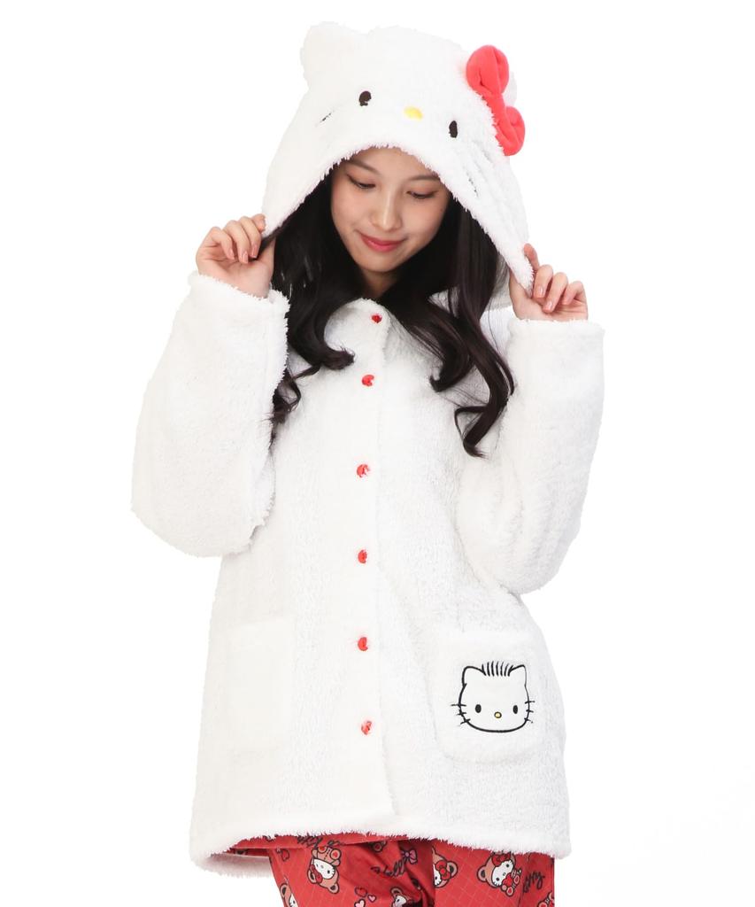 SAZAC Hello Kitty Pajamas for Hello Kitty with Daniel Long Open Poodle Boa Loungewear for Fall and Winter Women, Costume, Sleeve, Front, Fabric,