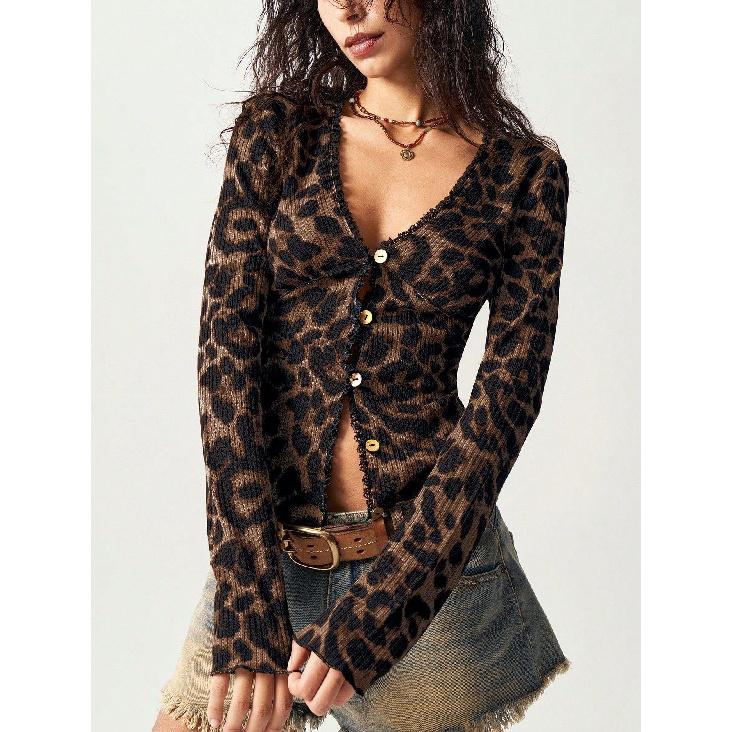 

2026 New Women s Leopard Print V-Neck Cardigan Slim Fit Knit Sweater with Button Design and Long Sleeves S цветной печати леопарда