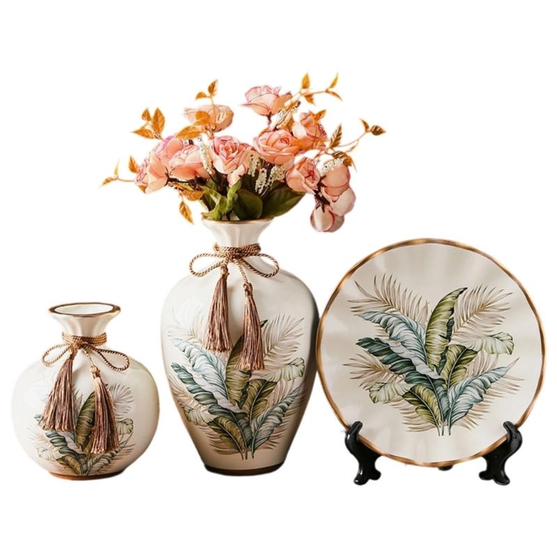 Set of 3 Ceramic Vases and Tray Gift Set Modern Design Decorative Flower Container for Office Desk Bookcase Display