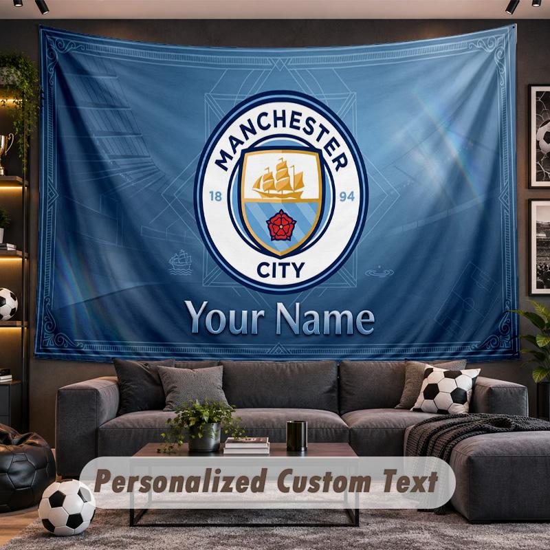 Manchester City Personalized Tapestry Support Custom Name, Wall Art Home Decoration