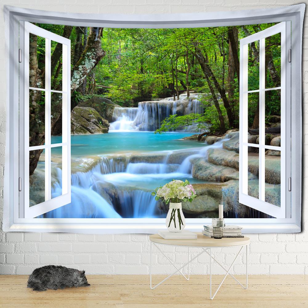 Sonnenuntergang am Meer Fenster Landschaft Malerei Wandteppich Hängen Boho Hippie Kunst Tapiz Ästhetik Room Decor